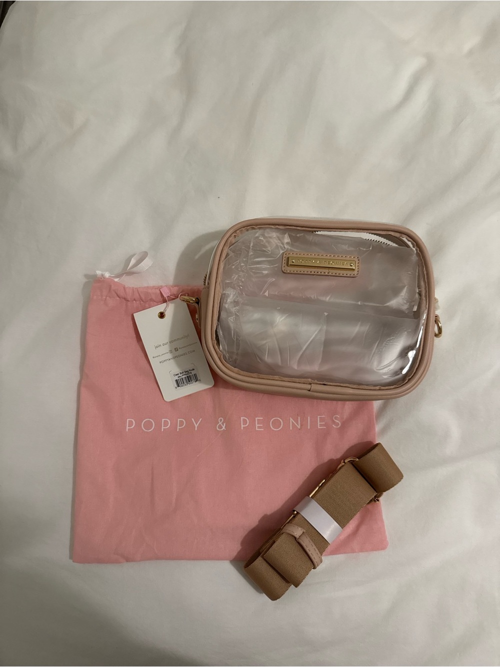 Poppy & Peonies Clear Cosmetic Bag with Blush Trim and Tan Strap